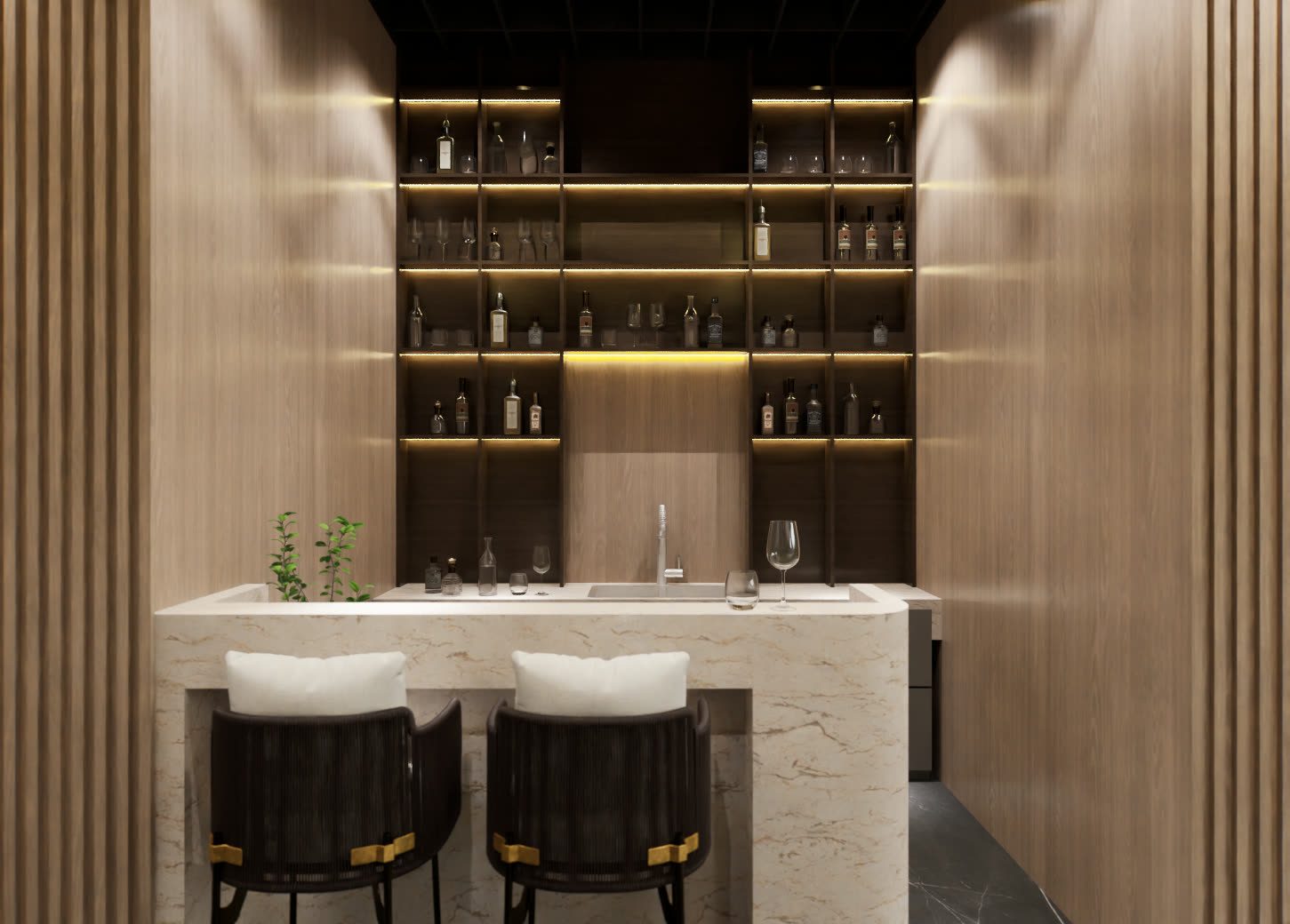 Bar privado con acabados en madera en un render mejorado con inteligencia artificial