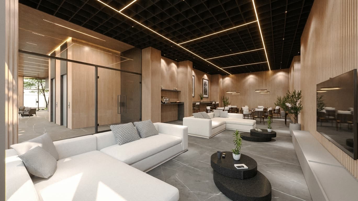 Render 3D del bar y la zona social