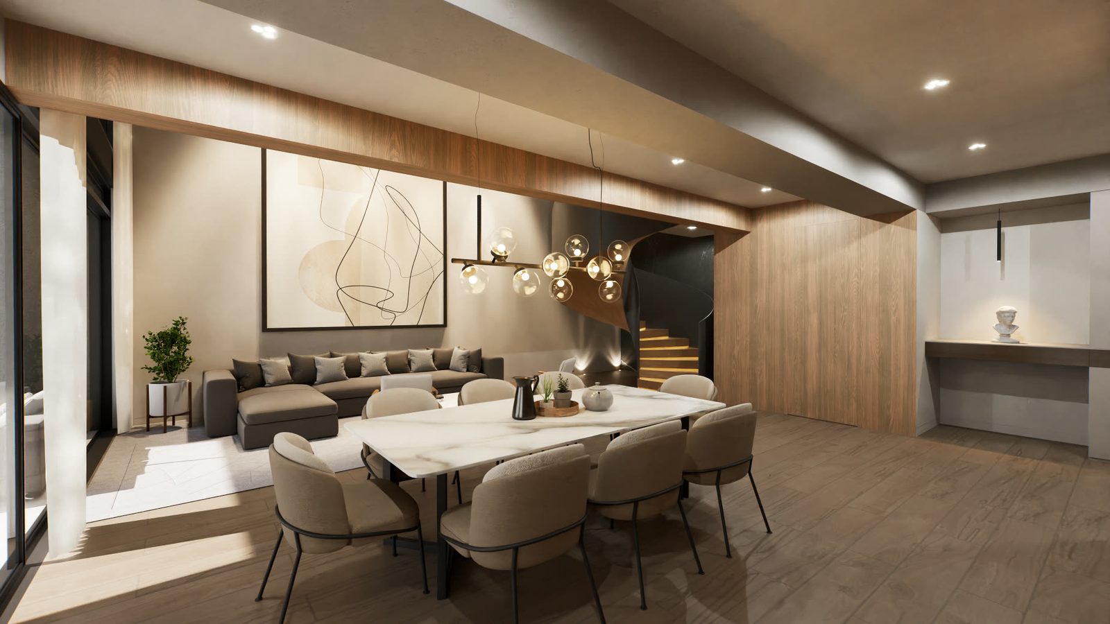 Comedor amoblado en 3D con acabados en madera, listo para mostrarse a compradores