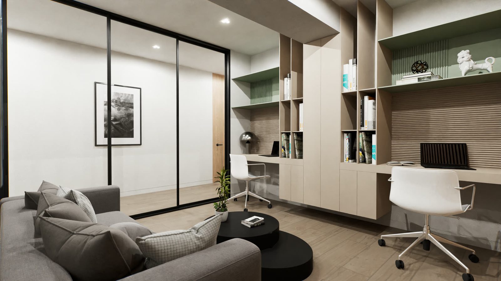 Estudio con escritorio y biblioteca en un apartamento modelado en 3D