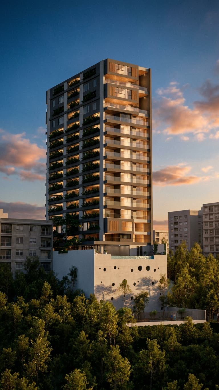 Render 3D de la fachada de un proyecto inmobiliario