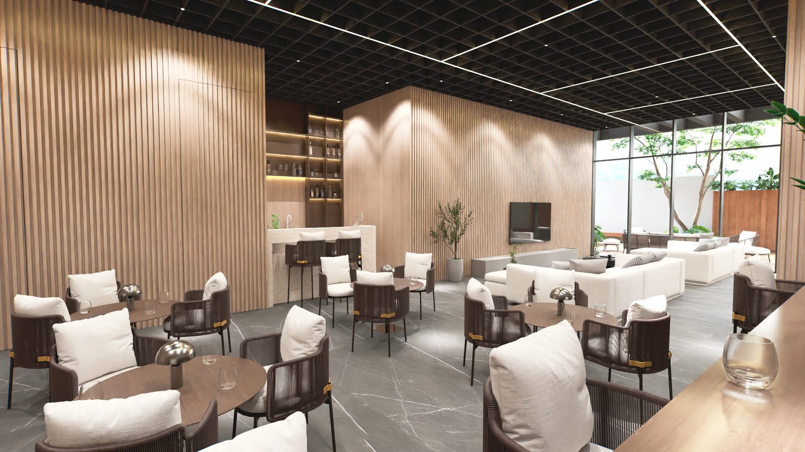 Zona social de un proyecto inmobiliario modelada en 3D, con salas de estar y luz natural