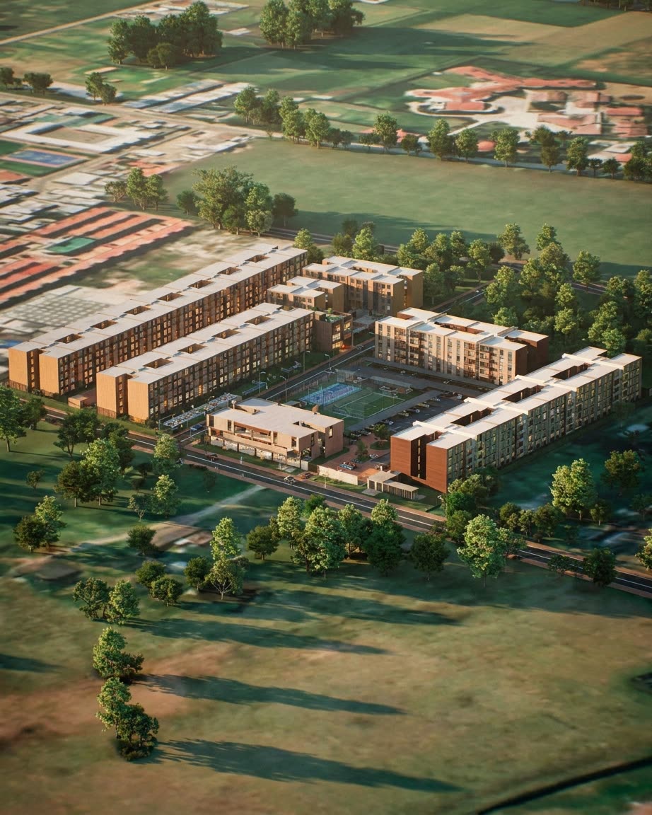 Render 3D panorámico de un proyecto inmobiliario