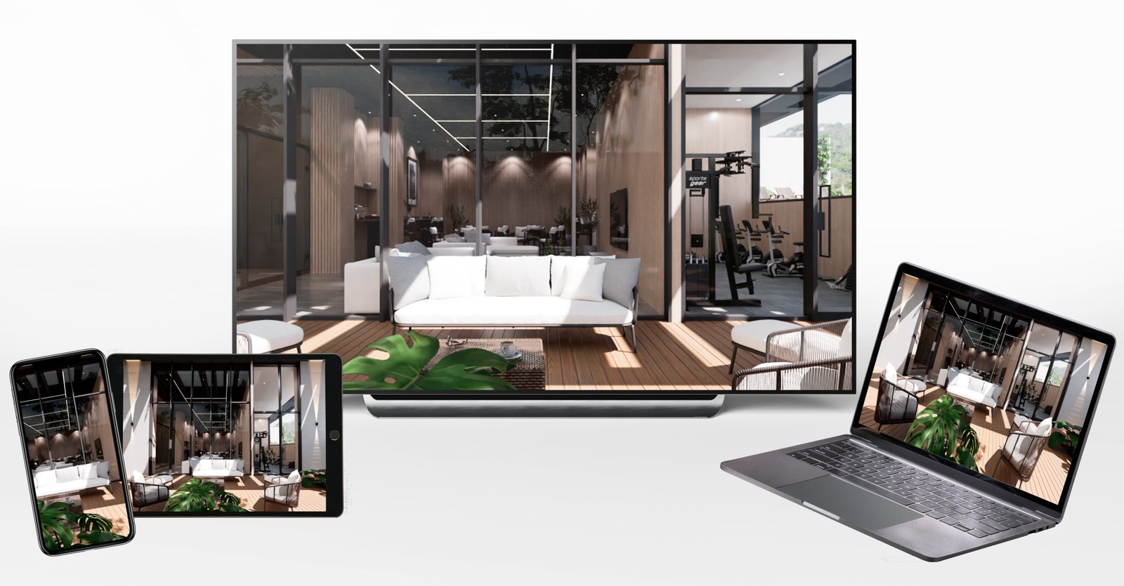 El mismo proyecto inmobiliario en 3D visto en un televisor, un computador, una tablet y un celular
