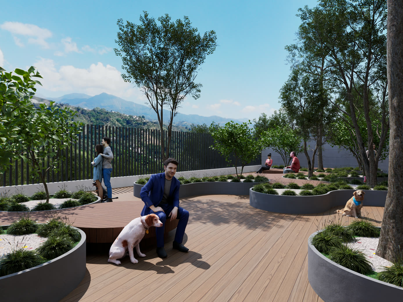 Terraza con vista a las montañas de un proyecto residencial modelada en 3D, con zona para mascotas